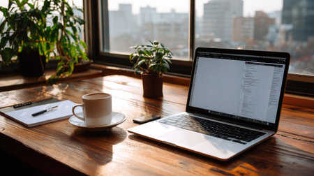 A serene workspace featuring a laptop, coffee cup, and houseplants on a wooden table, illuminated by soft natural light, creating a perfect atmosphere for productivity.の素材