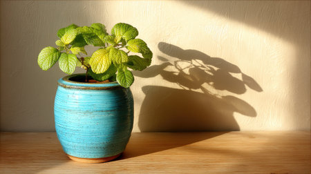 A vibrant green plant in a textured blue pot casts delicate shadows on a light wooden surface, highlighting the beauty of nature in a tranquil indoor setting.の素材