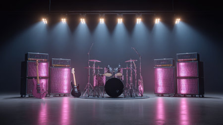 An impressive stage scene showcasing a drum kit flanked by electric guitars and vibrant amplifiers under dramatic lighting, perfect for music events.の素材