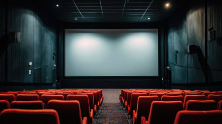 A serene view of an empty movie theater featuring vibrant red seats and a blank projection screen, perfect for capturing the essence of cinematic anticipation.の素材