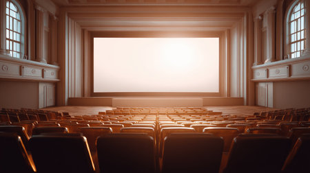 A beautifully designed cinema interior featuring empty rows of seats facing a large screen, illuminated by warm light that creates an inviting atmosphere.の素材