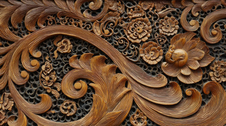 Explore the beauty of this intricate wood carving featuring detailed floral patterns and elegant swirls, showcasing exceptional craftsmanship and artistry.の素材
