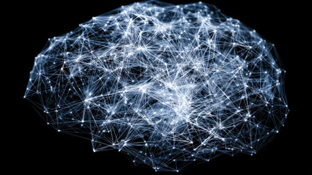 This abstract image depicts an intricate network of neural connections, featuring bright nodes and interconnected lines against a dark background, symbolizing intelligence and technology.の素材