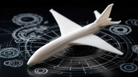 A sleek white model airplane placed on a dark technical background showcasing gear wheels and circular designs, symbolizing aviation innovation and engineering.の素材