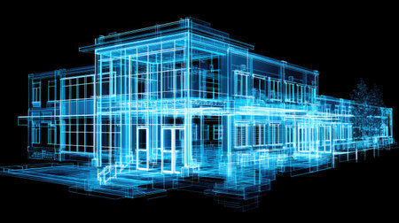 A captivating digital representation of a futuristic architectural building, showcasing transparent design elements and intricate structural features. Perfect for visualization and planning in the field of modern architecture.の素材