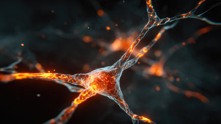 This captivating image features a close-up view of neural connections illuminated with vibrant orange highlights against a dark backdrop, showcasing the complexity of the nervous system in a stunning abstract representation.の素材
