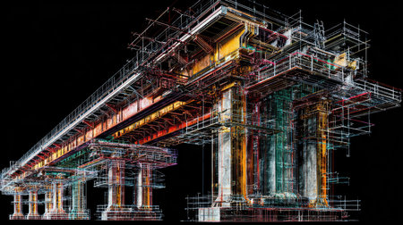 Abstract illustration of a futuristic bridge showcasing dynamic lines and vibrant colors, set against a deep black background, highlighting modern engineering.の素材