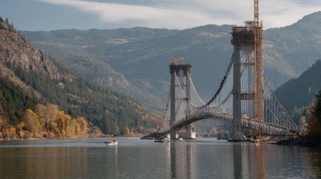 A stunning view of a bridge under construction over a calm river, set against a backdrop of majestic mountains and vibrant autumn foliage.の素材