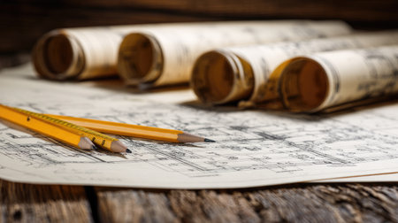 Close-up of drafting tools including pencils placed on blueprints, with rolled plans in the background, showcasing a creative workspace on rustic wood.の素材