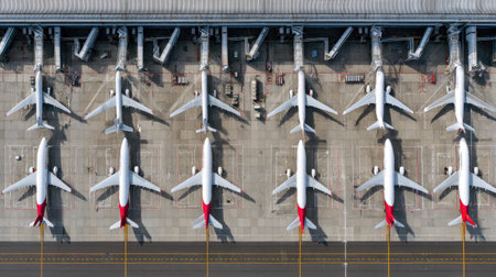 This aerial image captures a fleet of commercial airplanes parked in an orderly fashion at an airport terminal. The organized layout displays the efficiency of modern aviation operations, emphasizing the intricate logistics involved in air travel. Ideal for aviation enthusiasts and transportation-related projects.の素材