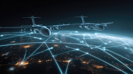 A striking illustration of futuristic aircraft flying over a connected globe, showcasing digital data flow and advanced technology elements in space.の素材