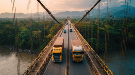 A stunning aerial view of trucks crossing a suspension bridge over a river, with lush green mountains in the background and a golden sunset illuminating the scene.の素材