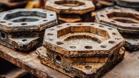 A close-up view of weathered industrial flanges resting on a wooden workbench. The rustic surfaces and textures highlight a vintage workshop atmosphere, perfect for conveying themes of craftsmanship and industrial heritage.の素材