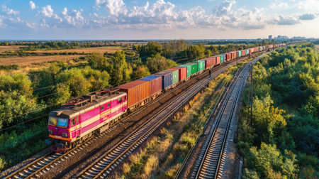 A vibrant freight train loaded with colorful containers moves through a picturesque landscape. The scene captures the beauty of nature under a serene sky during sunset.の素材