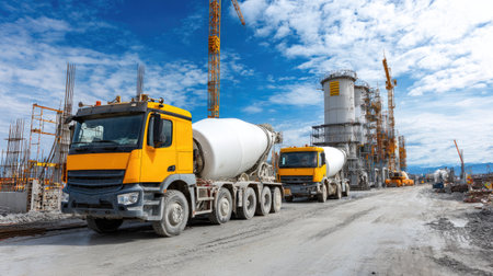A vibrant construction site featuring concrete trucks, industrial machinery, and cranes under a clear blue sky, showcasing modern infrastructure development.の素材