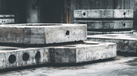 A close-up view of stacked concrete blocks in an industrial setting, featuring various textures and shapes that highlight the robust nature of construction materials.の素材