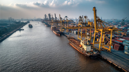 This aerial image captures a bustling shipping port featuring numerous cranes, cargo ships, and industrial structures along a waterway, showcasing maritime activity.の素材