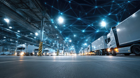 This image captures a bustling nighttime logistics hub, featuring trucks surrounded by digital network connections, highlighting modern transportation technology and efficiency.の素材