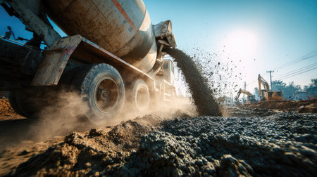 A concrete mixer truck actively pours fresh concrete at a construction site, enveloped in sunlight and dust, showcasing the hustle of urban building operations.の素材