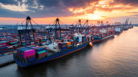 The image captures an aerial view of vibrant cargo ships docked at a bustling harbor during sunset. The colorful containers highlight the shipping industry's vibrancy, showcasing logistics in action.の素材