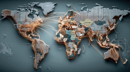 This abstract world map features geometric lines and dots illustrating connections and network communications across continents, highlighting globalization and data flow.の素材