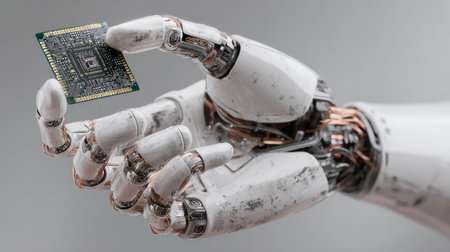 A close-up image of a robotic hand delicately holding a microprocessor chip, showcasing intricate details and a sleek modern design. Perfect for technology-themed projects.の素材
