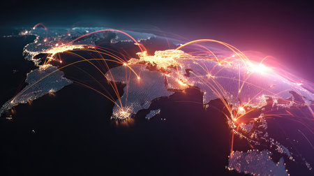 This image captures a dynamic global network map showcasing the bright connections that illustrate digital connectivity and data flow across various continents, emphasizing technological advancement and communication.の素材