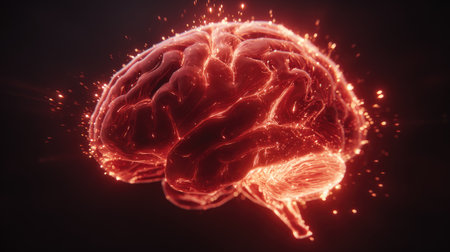 A stunning illustration of a glowing human brain surrounded by energetic sparks against a dark backdrop, representing science, creativity, and technology.の素材