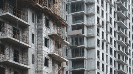 A close-up view of two incomplete concrete buildings side by side, showcasing scaffolding and structural elements commonly seen in urban construction sites.の素材