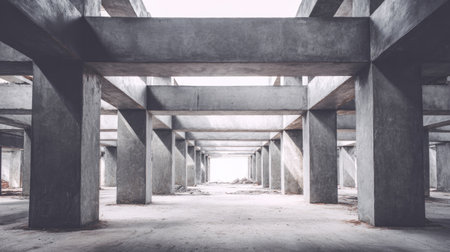 An expansive view of an empty industrial space with concrete pillars and natural light filtering through, showcasing raw architectural elements and a minimalist aesthetic.の素材
