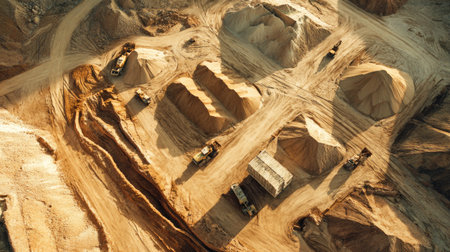 This aerial image showcases a construction site filled with earth moving equipment and various material piles, capturing industrial activity and landscape.の素材