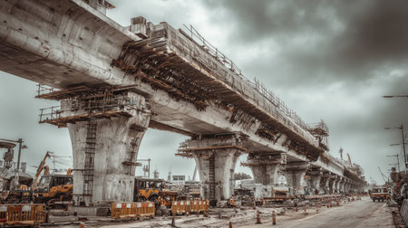 A dramatic view of an elevated train track under construction, showcasing heavy machinery and scaffolding against a moody, cloudy sky.の素材