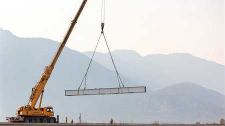 A construction crane lifts a large steel beam in a mountainous landscape. Workers are visible in the background, emphasizing teamwork and industrial activity.の素材