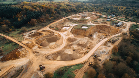 An aerial view capturing a construction site featuring various excavation areas and heavy machinery amidst a lush, rural landscape.の素材