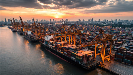Stunning aerial view of a busy container ship dock at sunset, showcasing vibrant colors in the sky and illuminated cranes against an urban backdrop.の素材
