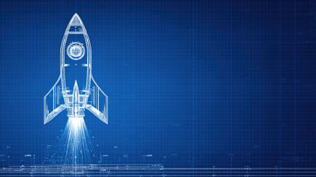 This image features a detailed blueprint of a modern rocket design on a blue grid background, perfect for projects related to aerospace and technology.の素材