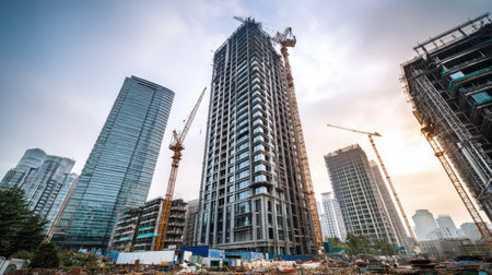 A vibrant construction site showcases the rising skyscrapers and cranes in a bustling urban area, capturing the essence of modern architecture and city growth.の素材
