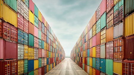 A striking image of vibrant shipping containers stacked against a bright sky, illustrating the logistics and transport industry at a bustling cargo terminal.の素材