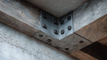 A close-up image showcasing a corner joint between wood beams and steel connectors, highlighting industrial design and construction techniques.の素材