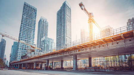 A vibrant urban construction site featuring tall skyscrapers and towering cranes under a clear sky, showcasing modern architecture and development efforts.の素材