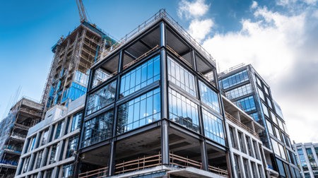 A striking view of a modern building under construction, showcasing an innovative glass facade, framed by a vibrant blue sky and wispy clouds.の素材