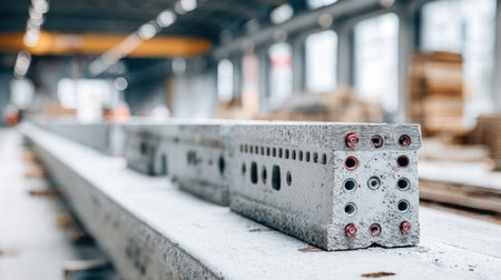 This image captures an interior view of an industrial manufacturing space, focusing on concrete structural elements with intricate textures and modern design elements showcasing the essence of contemporary construction.の素材