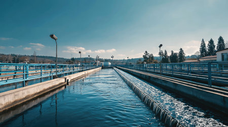 A modern water treatment facility showcasing a clear blue sky and serene water flow, highlighting advanced filtration systems and infrastructure efficiency.の素材