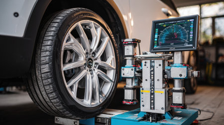 A sophisticated wheel alignment machine displayed in an automotive workshop, showcasing high-tech features and precision monitoring for vehicle maintenance.の素材