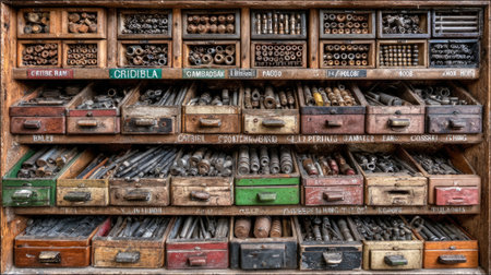 Explore a vintage wooden tool cabinet showcasing a meticulous arrangement of drawers filled with various tools and hardware essentials. Perfect for DIY enthusiasts.の素材