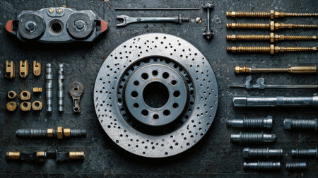 A top-down view of various automotive brake components and tools, arranged neatly on a dark surface, showcasing the intricate details and precision engineering.の素材
