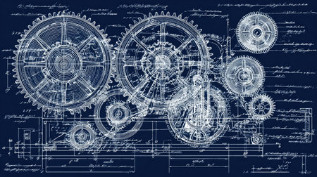 This captivating blueprint showcases intricate gears and cogs against a dark background, illustrating mechanical engineering and design principles. Perfect for educational and creative projects.の素材