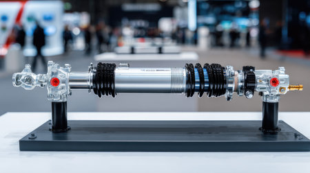 This image showcases an advanced mechanical component prominently displayed at a technology exhibition, highlighting innovation in the automotive industry.の素材