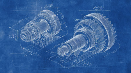 This image features a detailed technical illustration of mechanical gears and components presented on a blueprint background, showcasing precise measurements and engineering designs.の素材