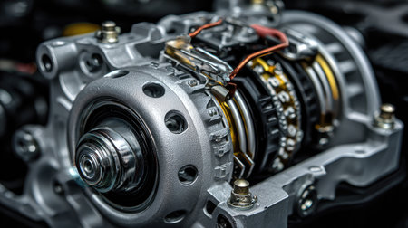 This close-up image showcases an automotive alternator, highlighting intricate metal components and wiring. Perfect for technology and automotive themes.の素材